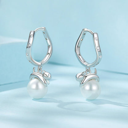 Sterling Silver Shell Pearl and CZ Drop Earrings