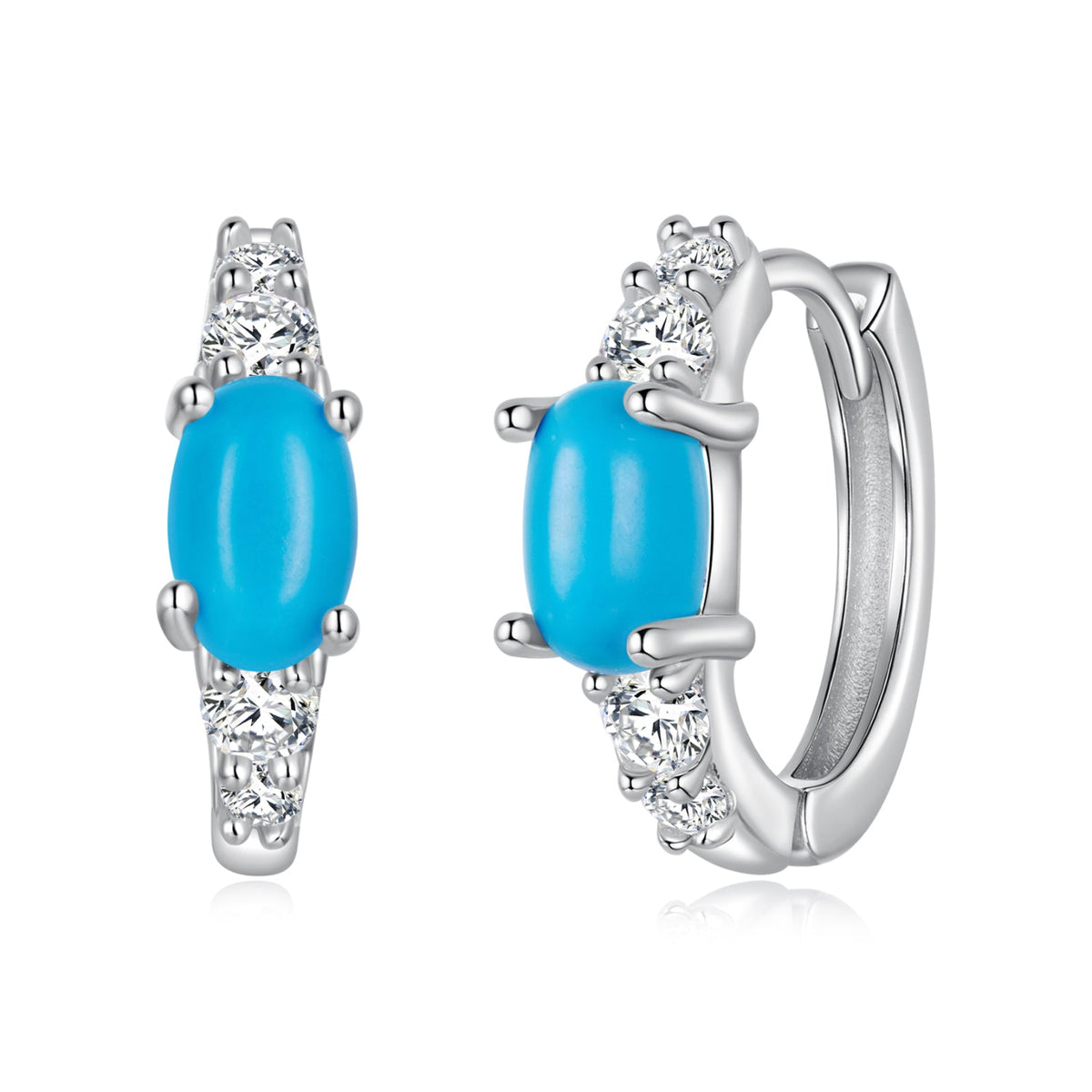 Sterling Silver White Gold Plated Synthetic Turquoise and CZ Hoop Earrings