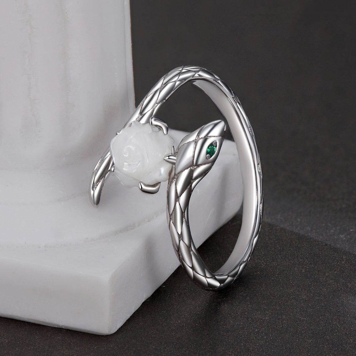 White Gold Plated Sterling Silver Cubic Zirconia & Shell Ring