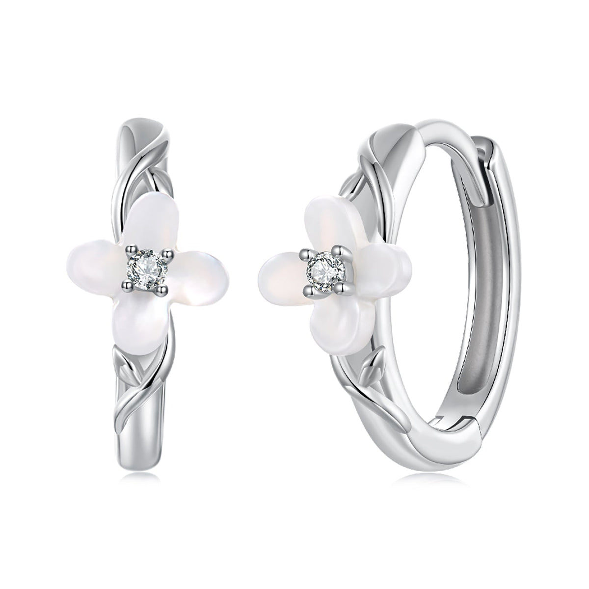 Sterling Silver Nacre and Pavé CZ Hoop Earrings