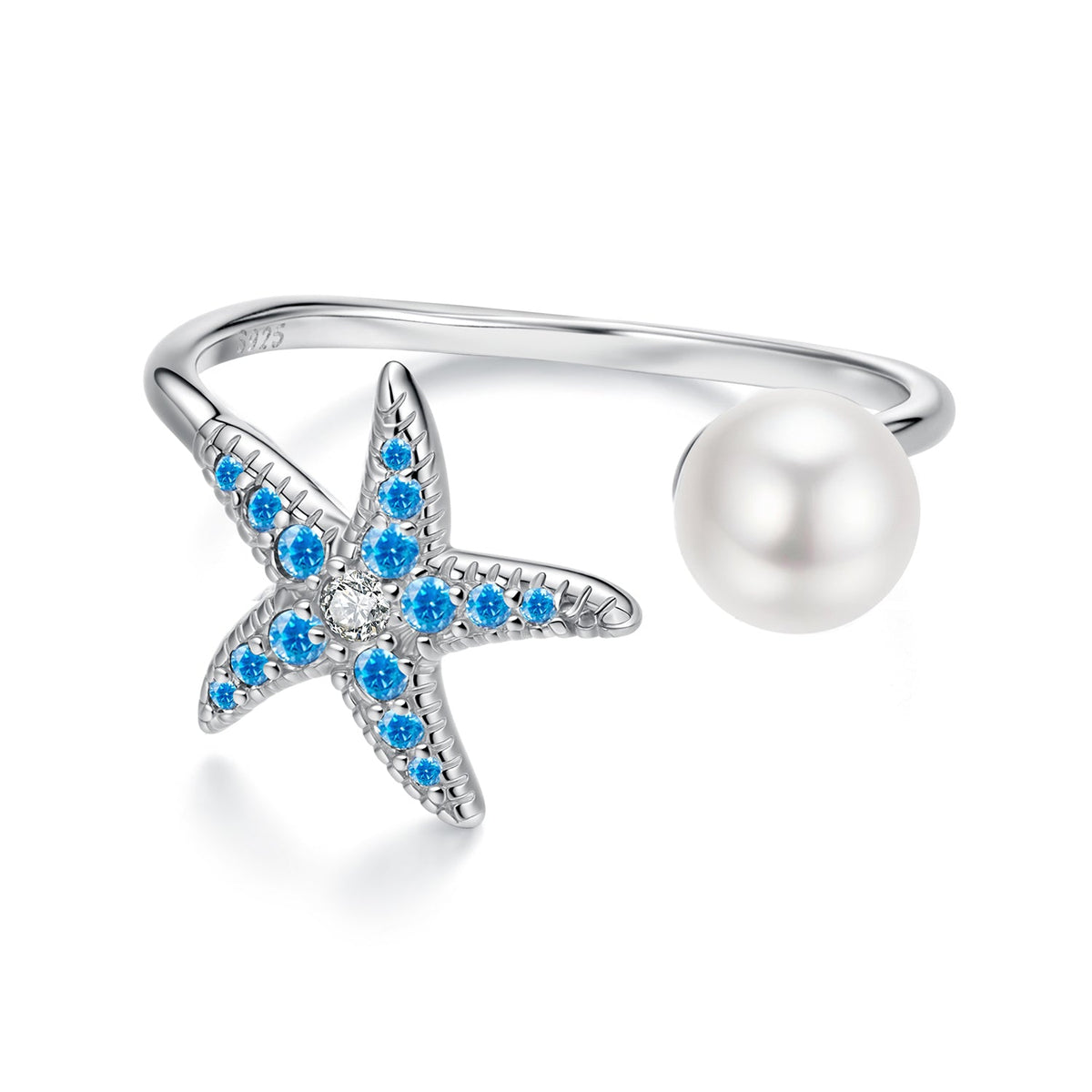 Sterling Silver White Gold Plated Shell Pearl Starfish Ring