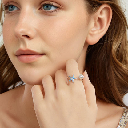 Sterling Silver White Gold Plated Shell Pearl Starfish Ring