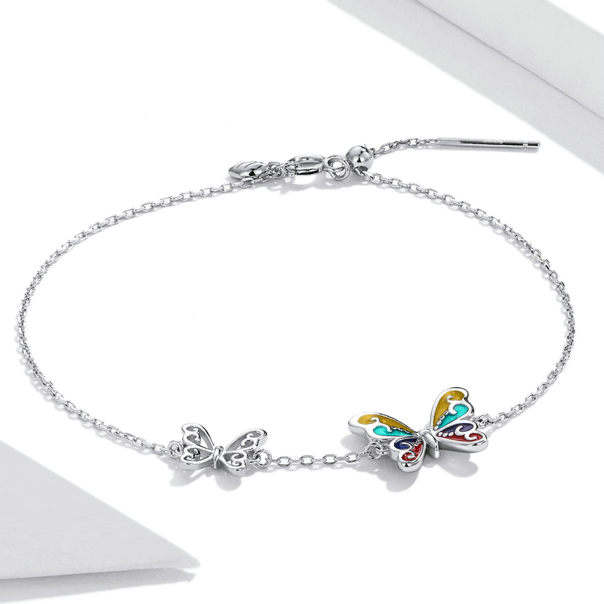 Sterling Silver Platinum Plated Adjustable Butterfly Enamel Bracelet