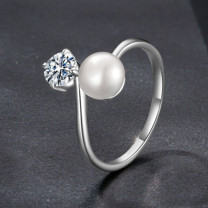 Sterling Silver Moissanite, Freshwater Pearl Ring