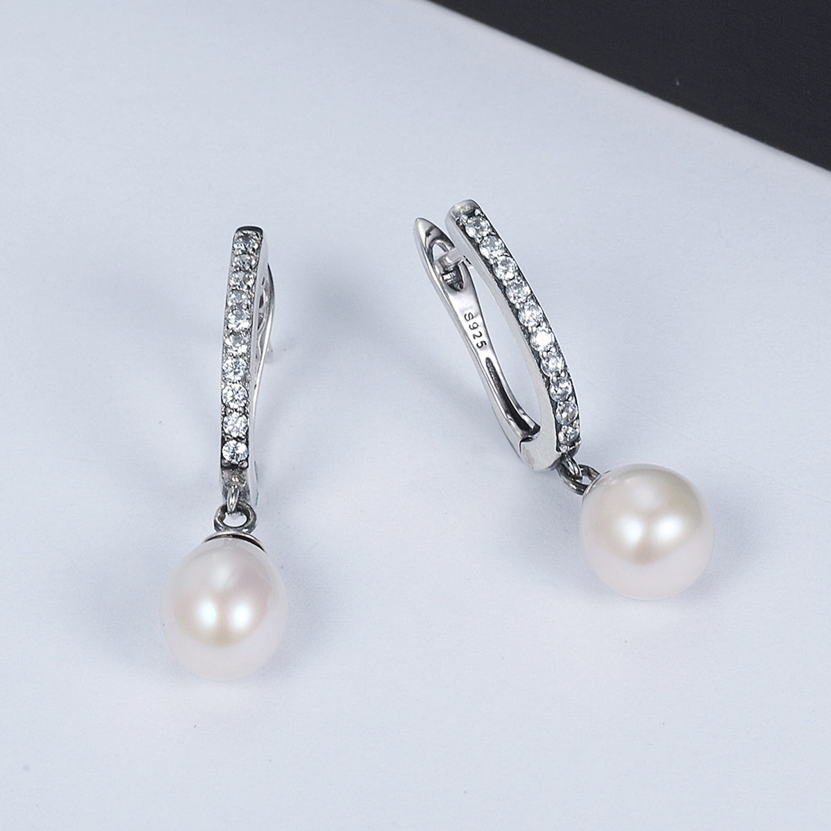 Sterling Silver Freshwater Pearl Pavé CZ Drop Earrings
