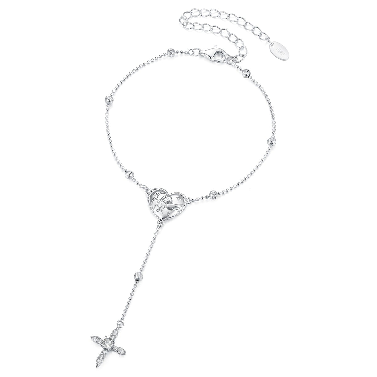 925 Sterling Silver White Gold Plated CZ Heart 15+6cm Bracelet for Women
