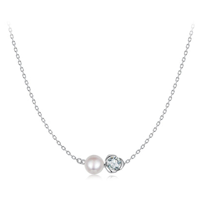 Sterling Silver Moissanite & Freshwater Pearl White Gold Necklace