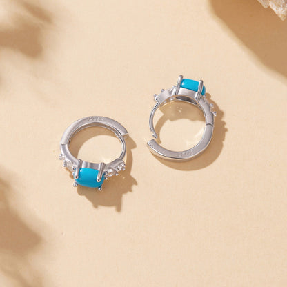 Sterling Silver White Gold Plated Synthetic Turquoise and CZ Hoop Earrings