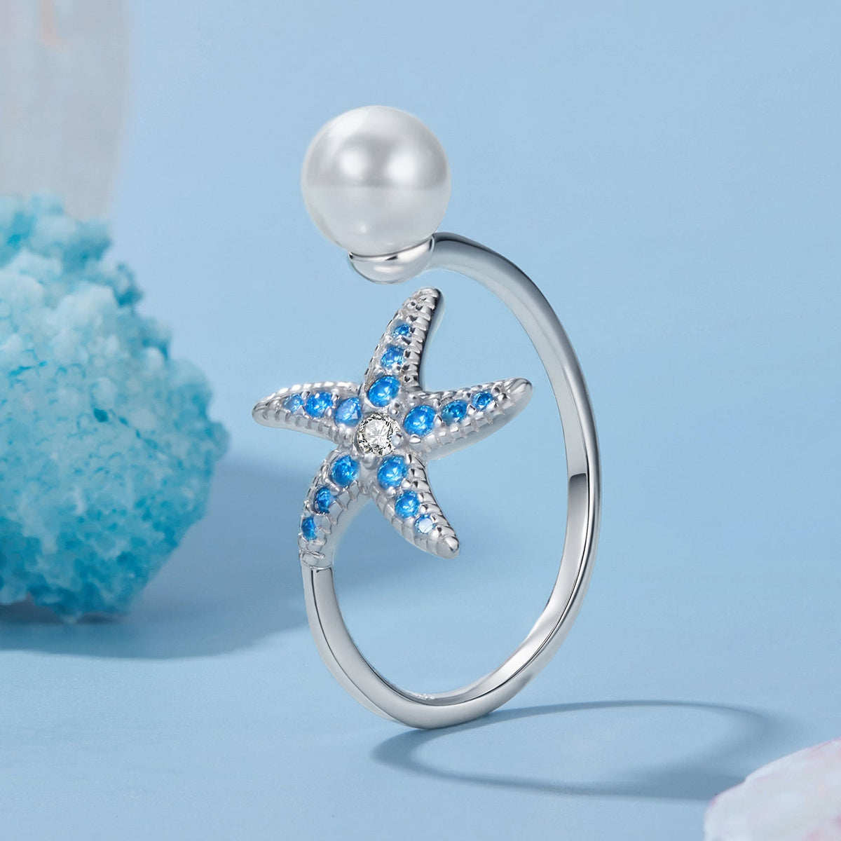 Sterling Silver White Gold Plated Shell Pearl Starfish Ring