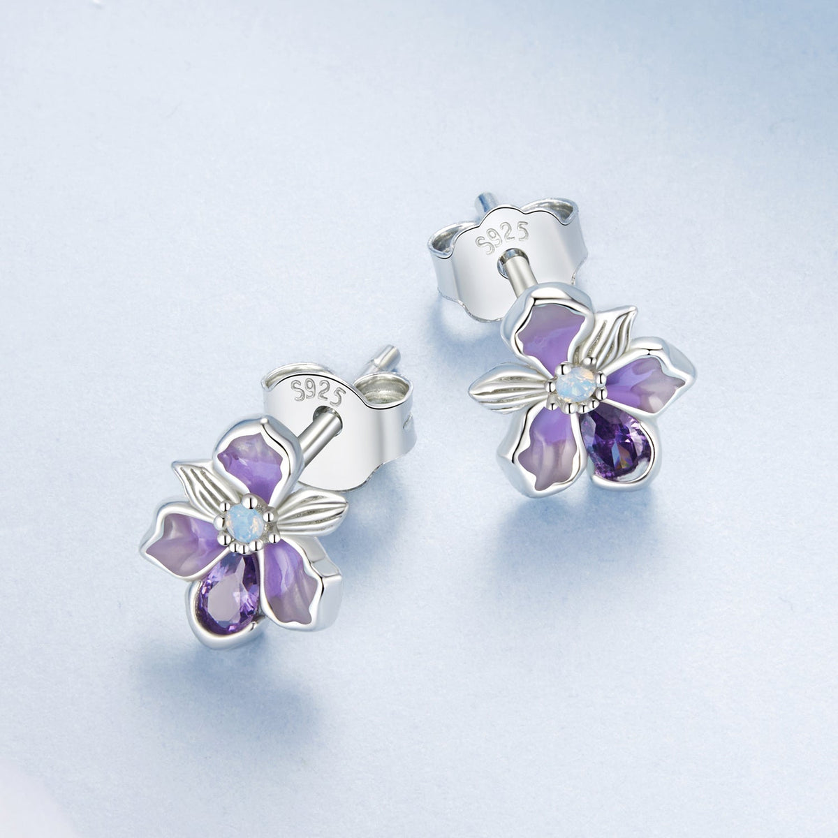 Sterling Silver White Gold Plated Nano Opal and CZ Pavé Stud Earrings