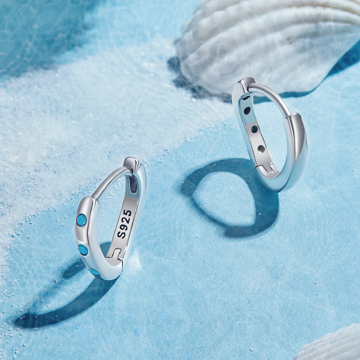 Sterling Silver Synthetic Turquoise Oxidized Hoop Earrings