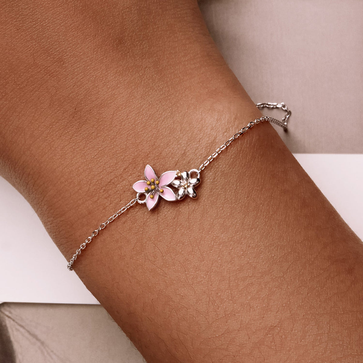 Sterling Silver Enamel Flower Adjustable Bracelet