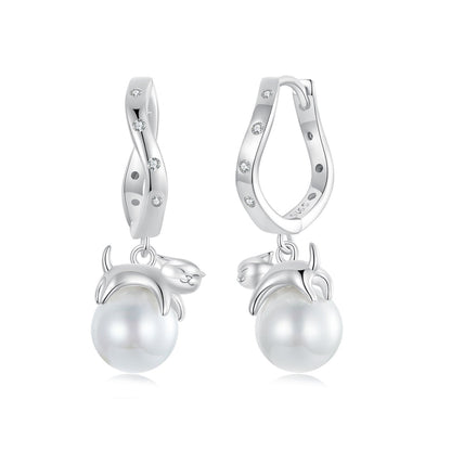 Sterling Silver Shell Pearl and CZ Drop Earrings