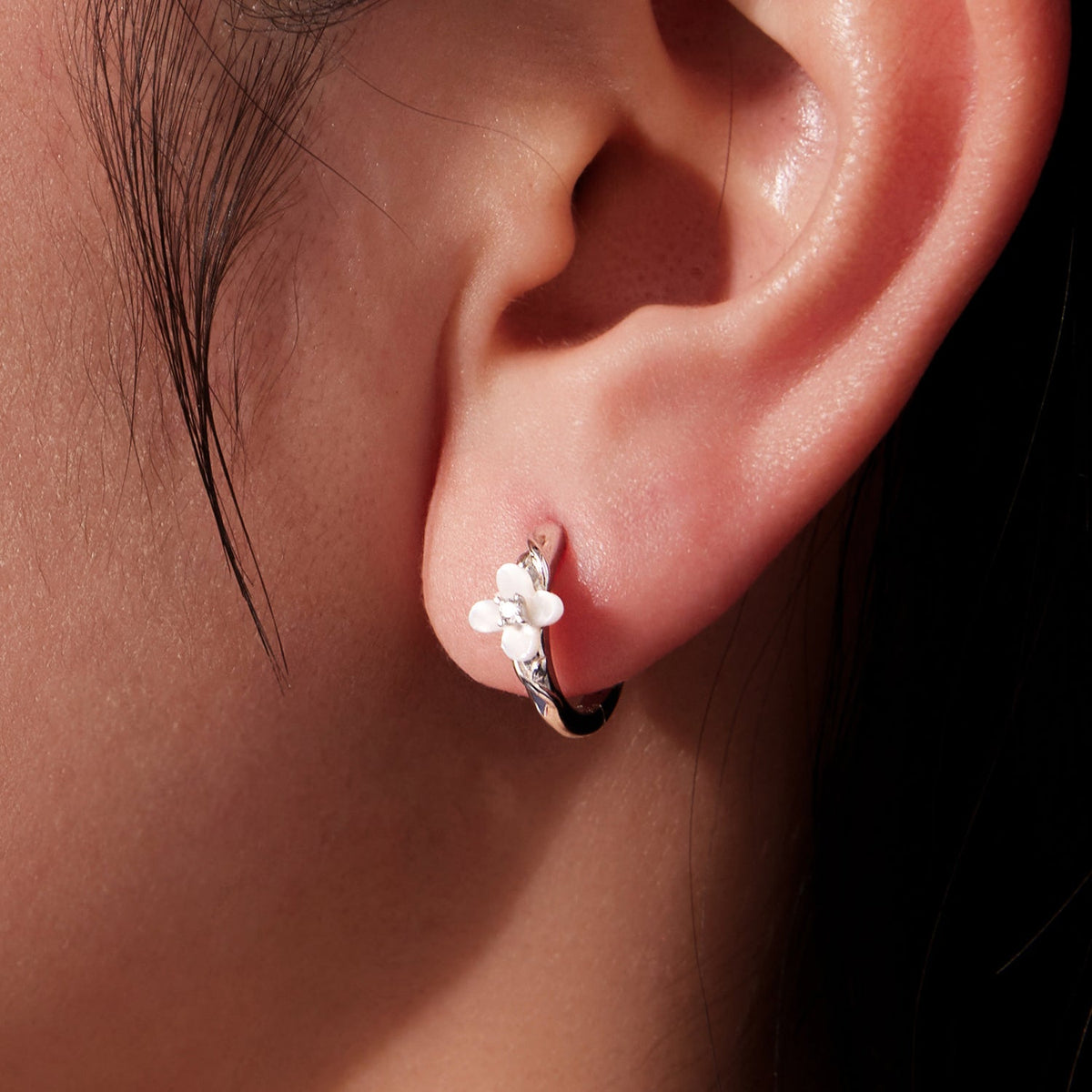 Sterling Silver Nacre and Pavé CZ Hoop Earrings