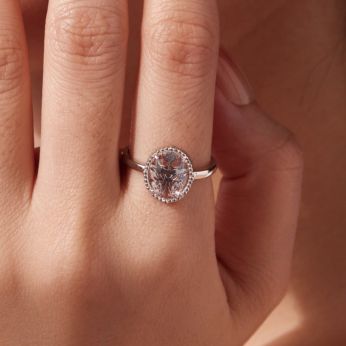 Sterling Silver Pavé CZ and Transparent Glass Ring