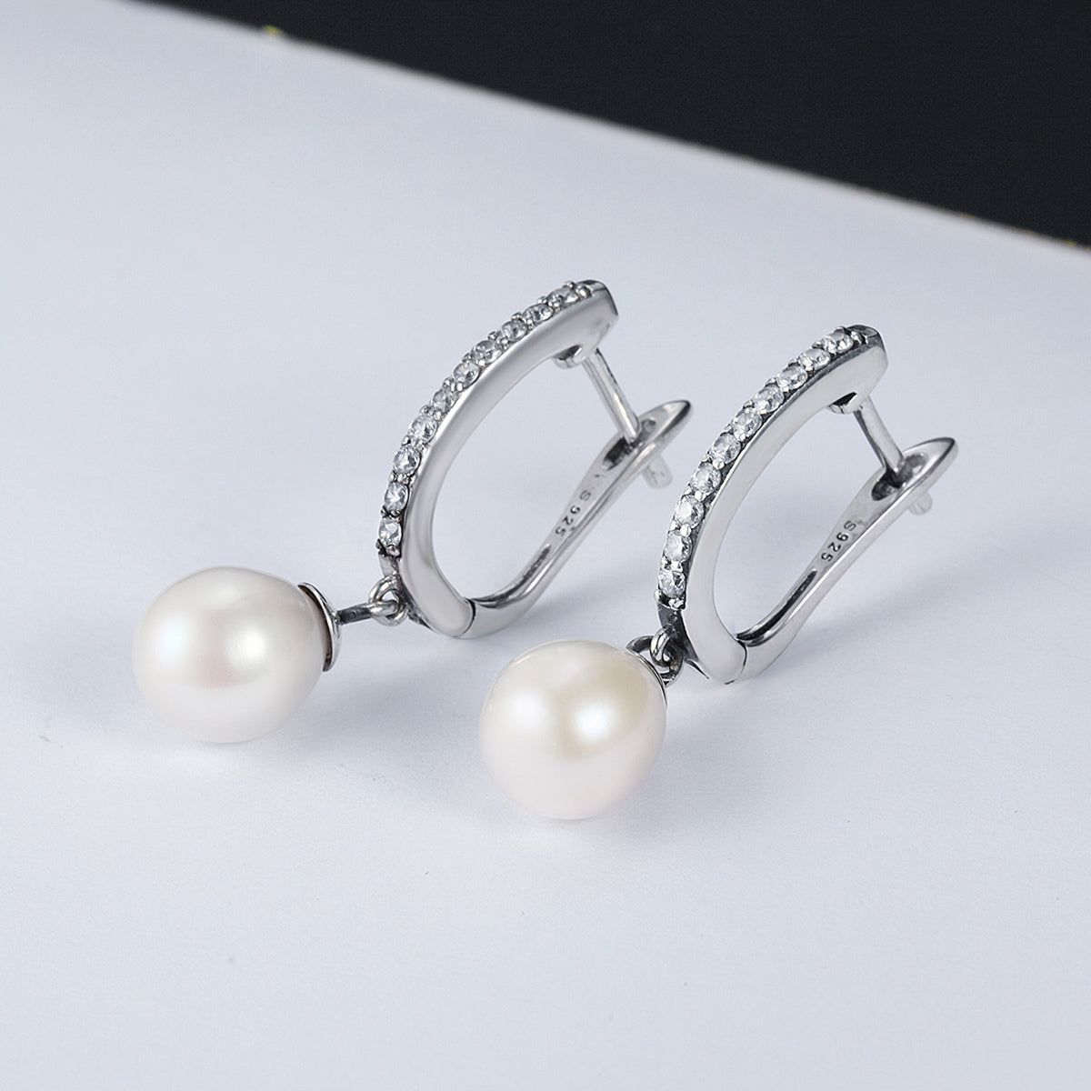 Sterling Silver Freshwater Pearl Pavé CZ Drop Earrings
