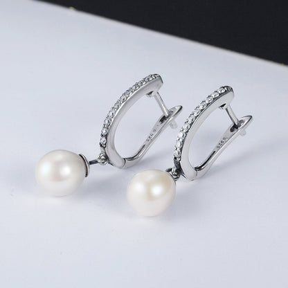 Sterling Silver Freshwater Pearl Pavé CZ Drop Earrings