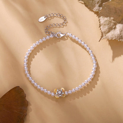 925 Sterling Silver White Gold Plated Nacre Synthetic Pearl CZ 16+5cm Bracelet for Women