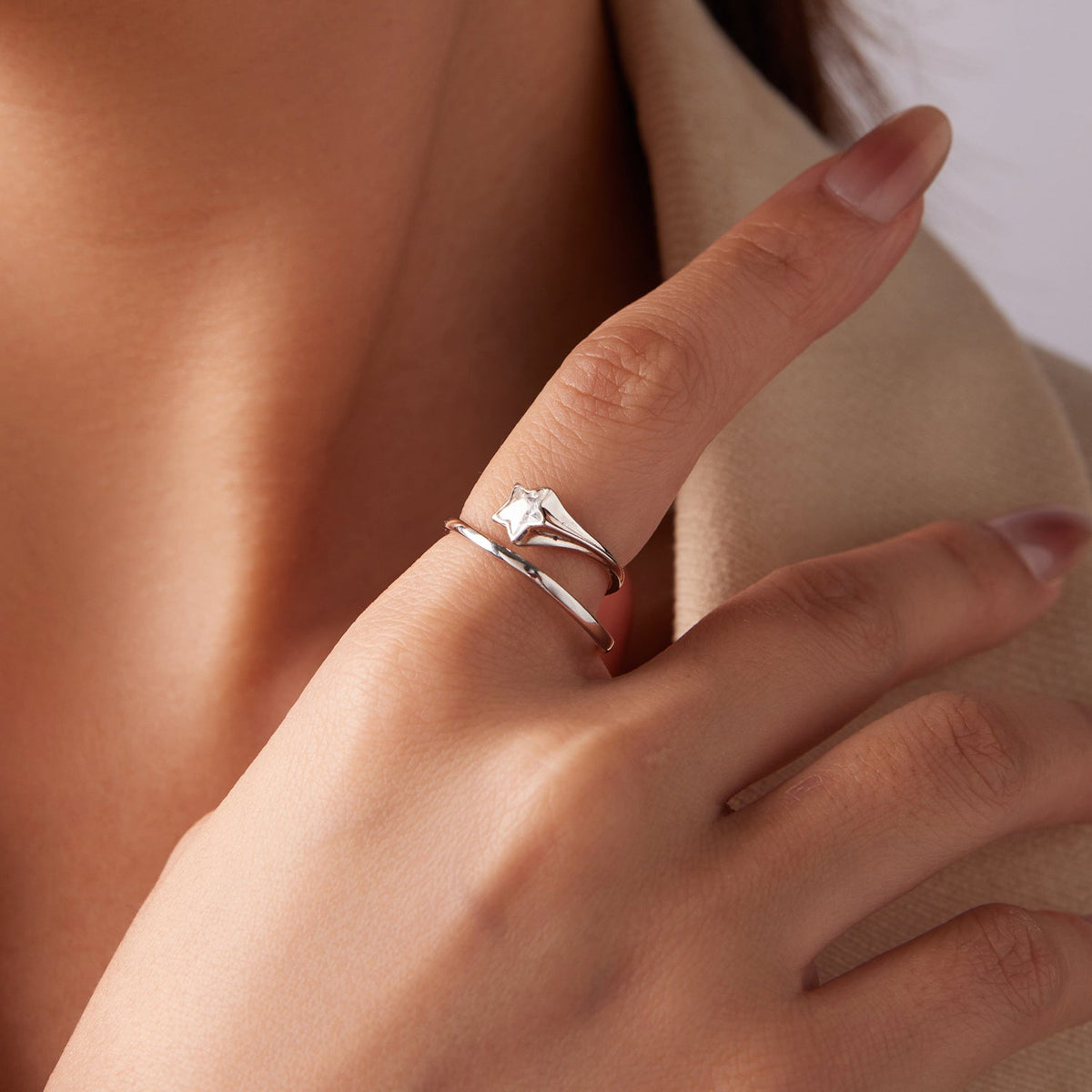 Sterling Silver White Gold Plated CZ Star Ring