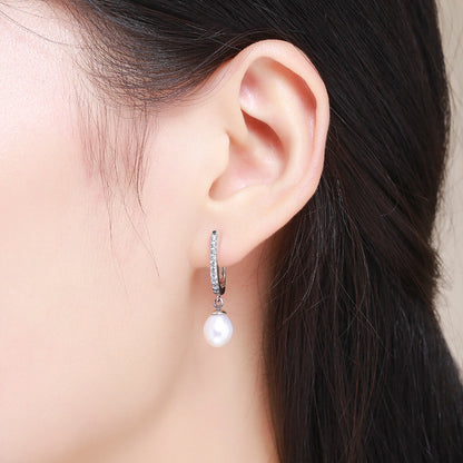 Sterling Silver Freshwater Pearl Pavé CZ Drop Earrings