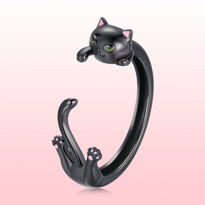 Sterling Silver Black Gold Plated Enamel Cat Head Ring
