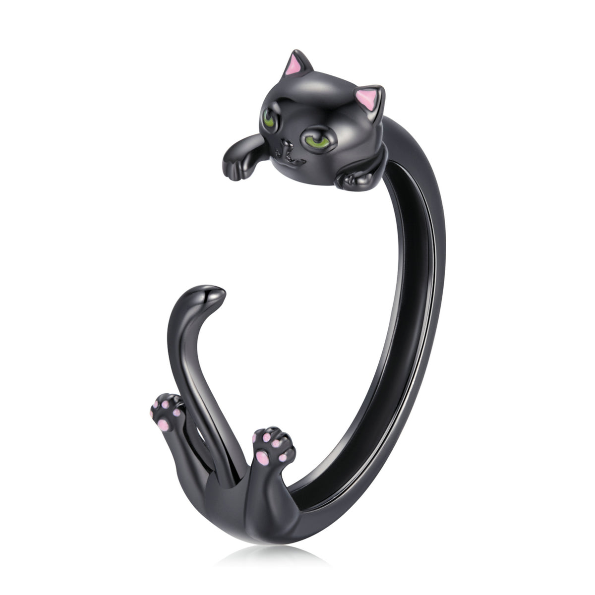 Sterling Silver Black Gold Plated Enamel Cat Head Ring