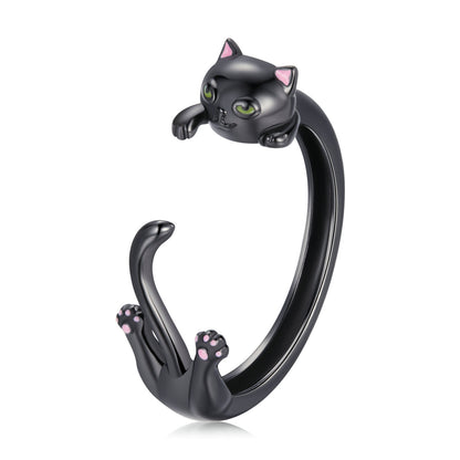 Sterling Silver Black Gold Plated Enamel Cat Head Ring