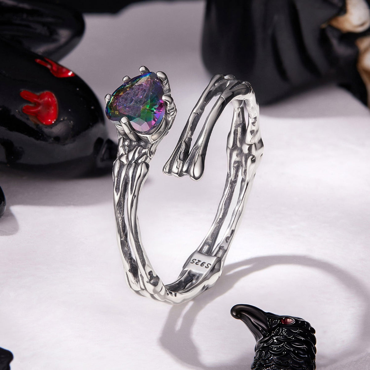 Sterling Silver Heart Design Ring with Transparent Glass