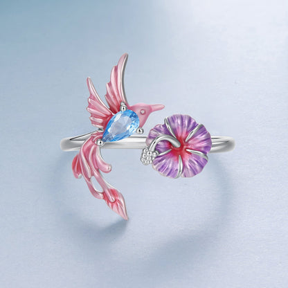 925 Sterling Silver White Gold Plated Enamel Pavé CZ Bird 1.9cm Ring for Women