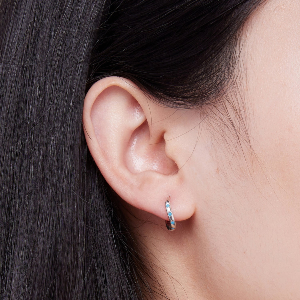 Sterling Silver Synthetic Turquoise Oxidized Hoop Earrings