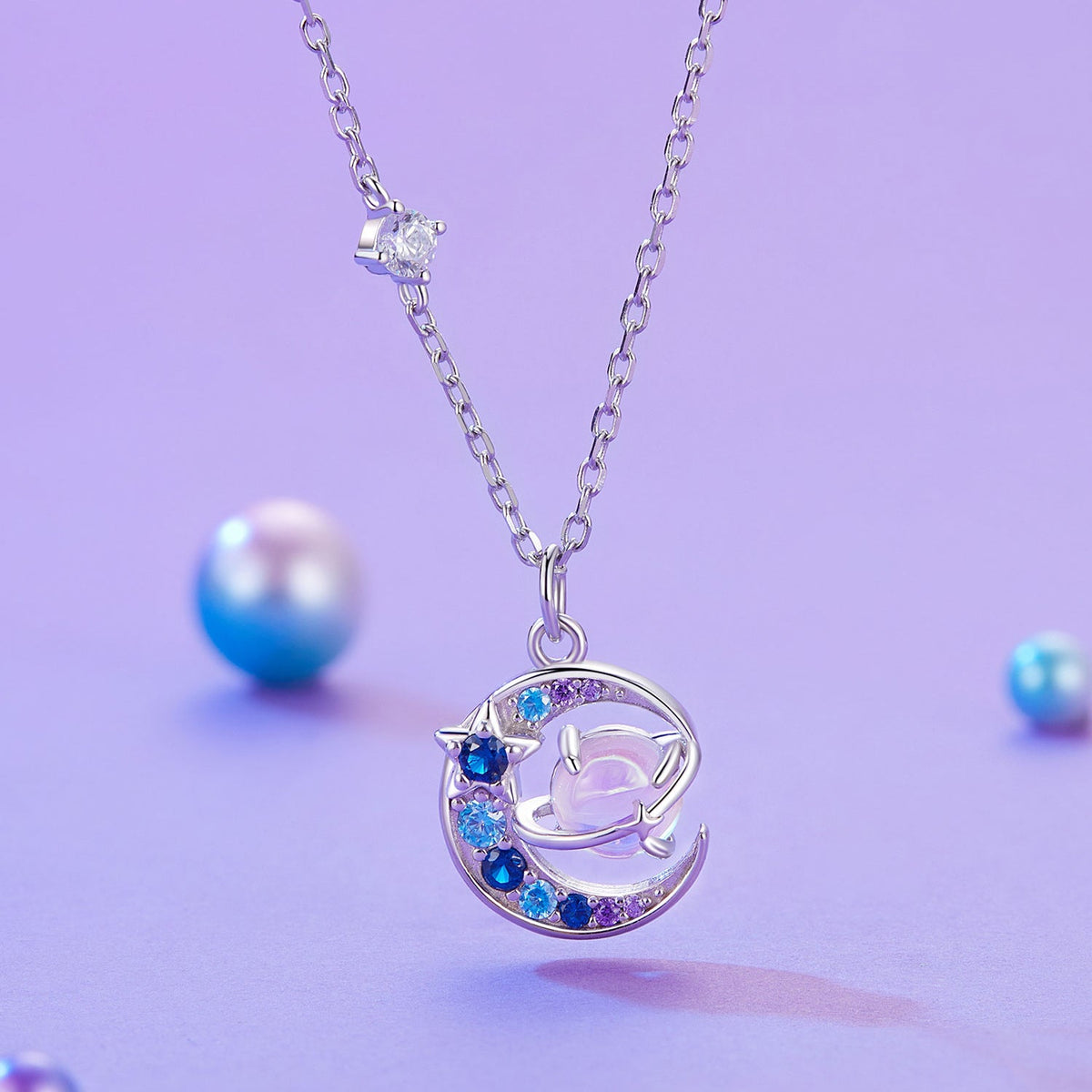 Sterling Silver Pavé CZ & Transparent Glass Pendant Necklace