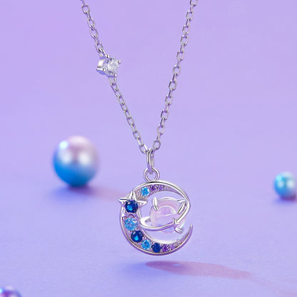 Sterling Silver Pavé CZ & Transparent Glass Pendant Necklace