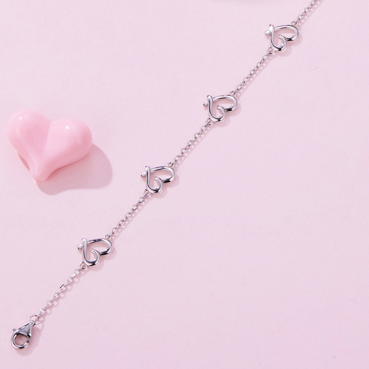 White Gold Plated Sterling Silver Heart Bracelet