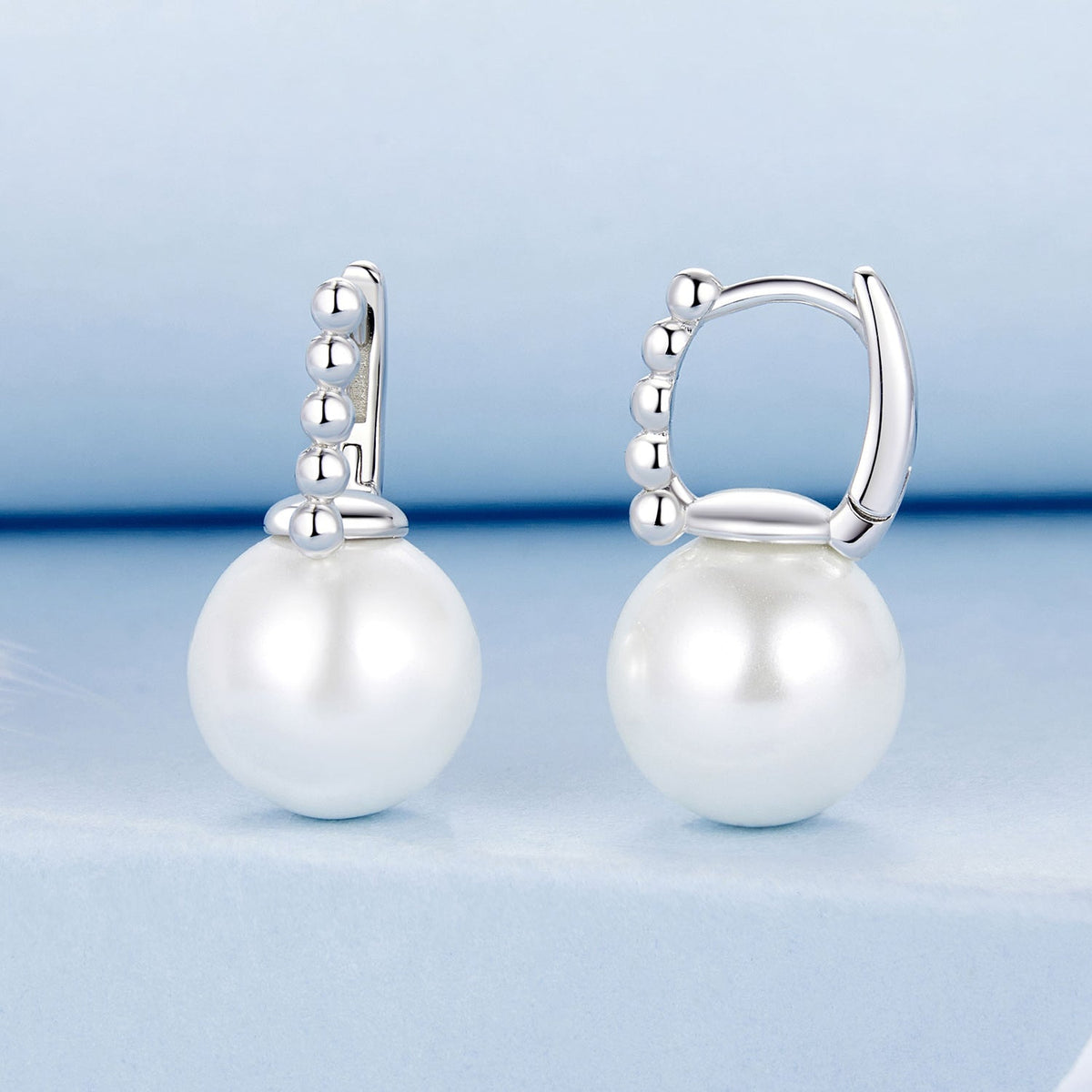 Sterling Silver White Gold Plated Shell Pearl Drop Earrings