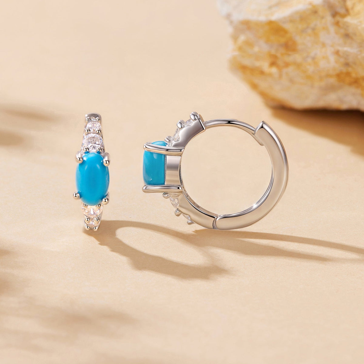 Sterling Silver White Gold Plated Synthetic Turquoise and CZ Hoop Earrings