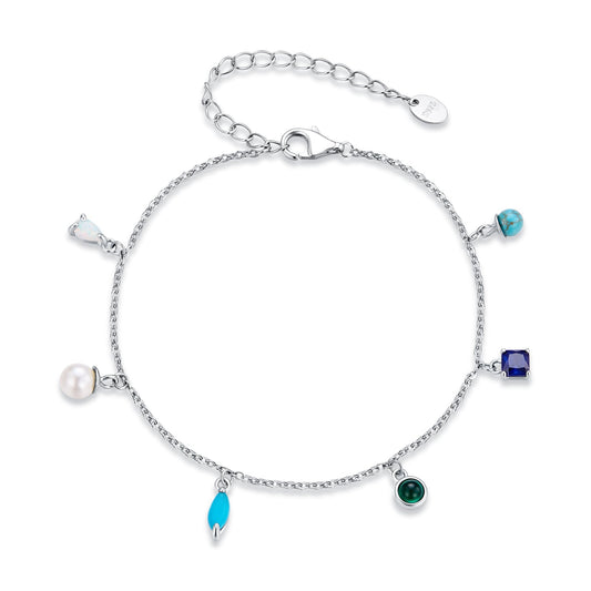 Sterling Silver Synthetic Opal, Pearl and Turquoise Bracelet