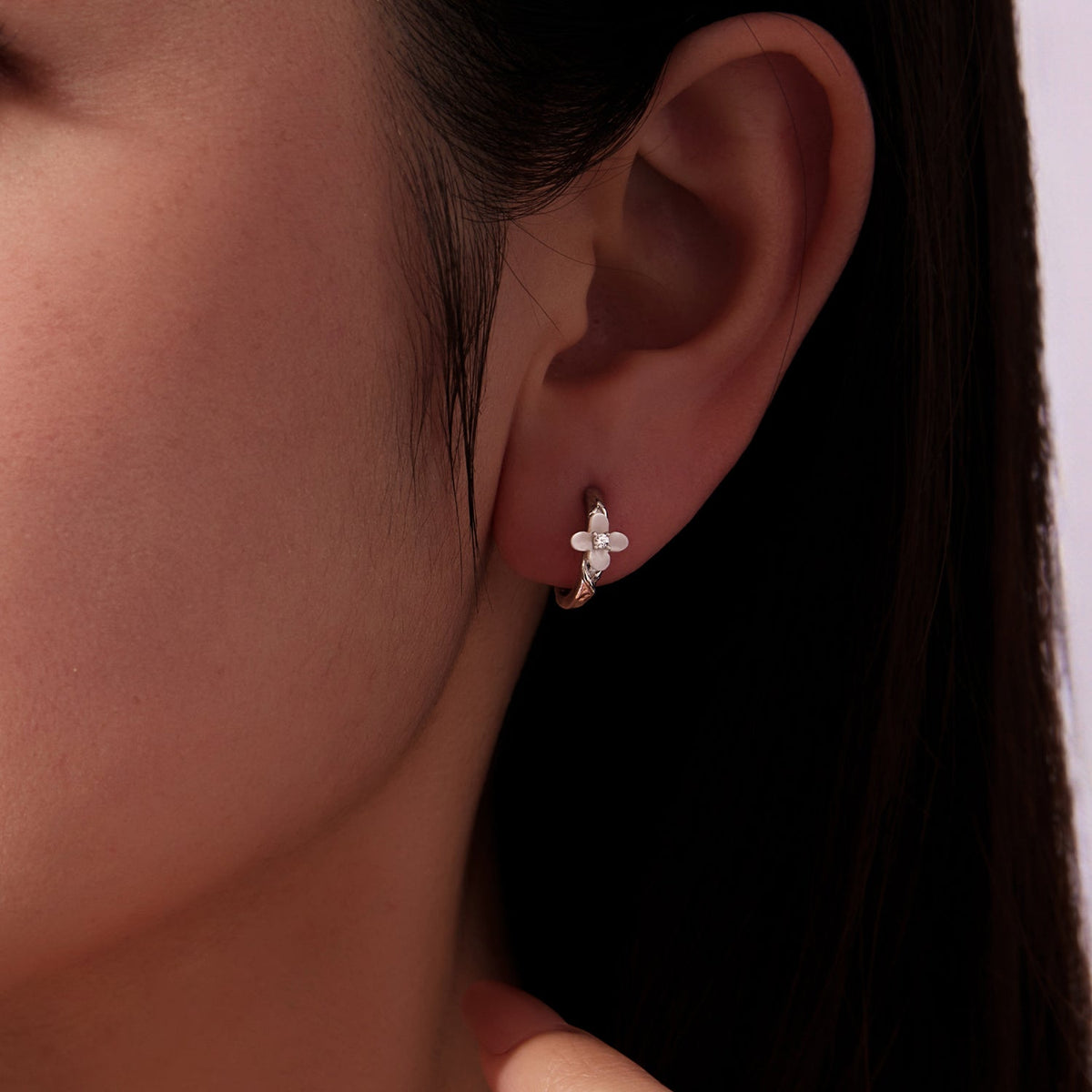 Sterling Silver Nacre and Pavé CZ Hoop Earrings