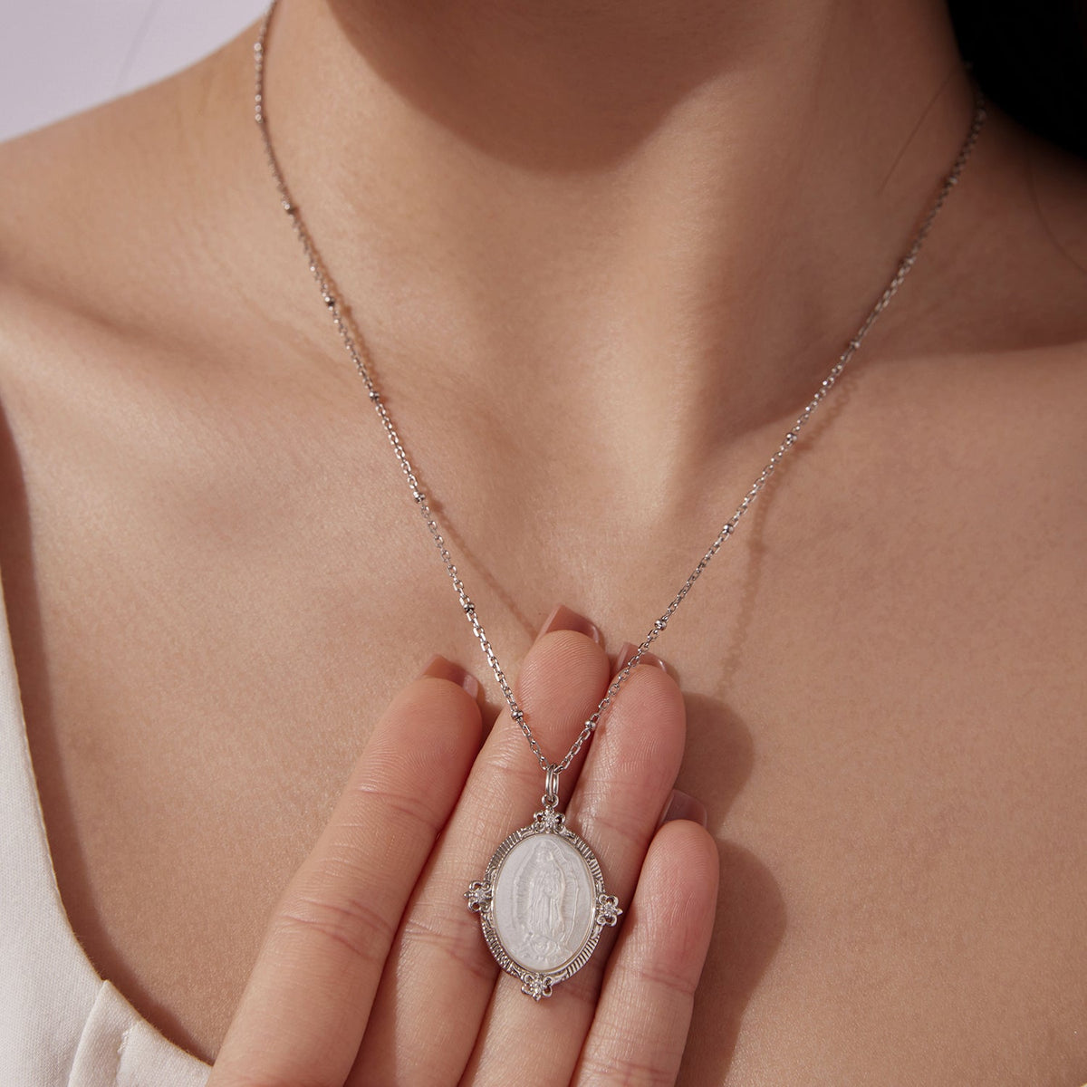 White Gold Plated Sterling Silver Mother of Pearl & CZ Pendant Necklace