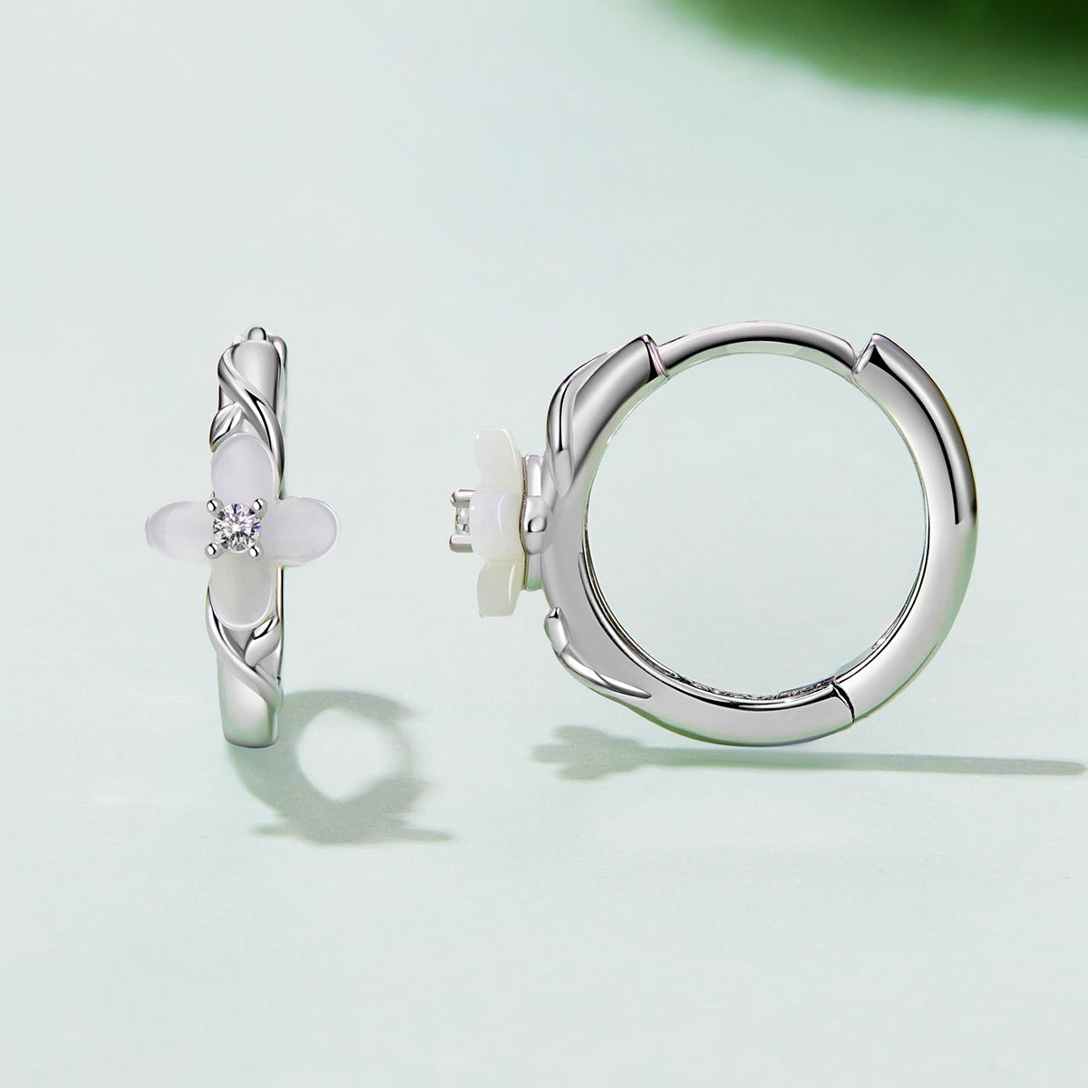 Sterling Silver Nacre and Pavé CZ Hoop Earrings