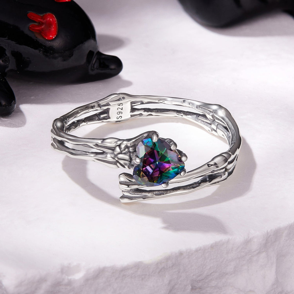 Sterling Silver Heart Design Ring with Transparent Glass