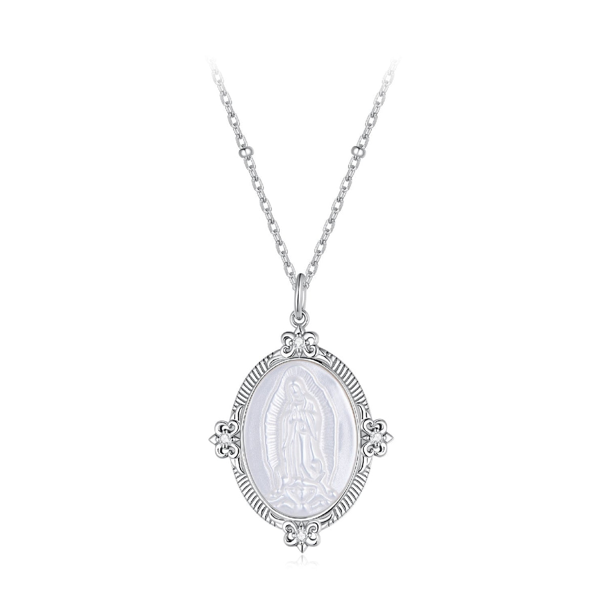White Gold Plated Sterling Silver Mother of Pearl & CZ Pendant Necklace