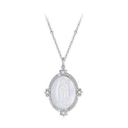 White Gold Plated Sterling Silver Mother of Pearl & CZ Pendant Necklace