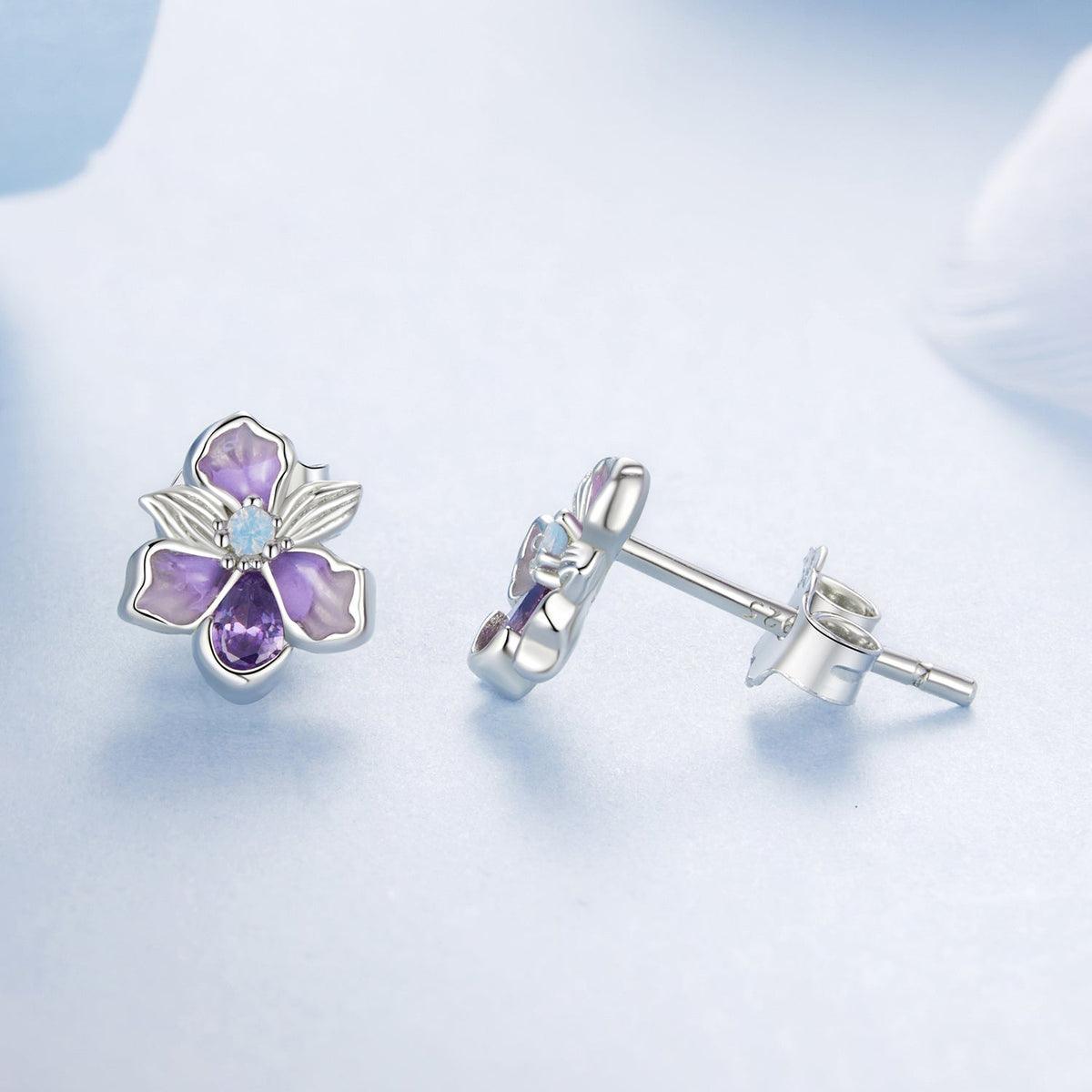 Sterling Silver White Gold Plated Nano Opal and CZ Pavé Stud Earrings