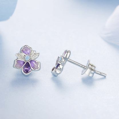 Sterling Silver White Gold Plated Nano Opal and CZ Pavé Stud Earrings