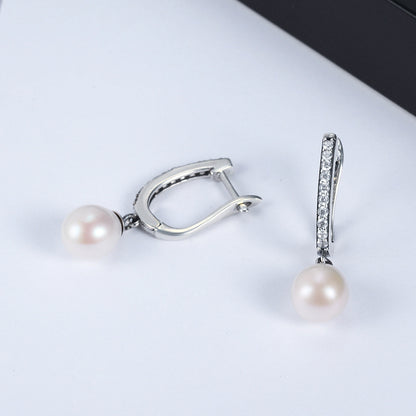 Sterling Silver Freshwater Pearl Pavé CZ Drop Earrings