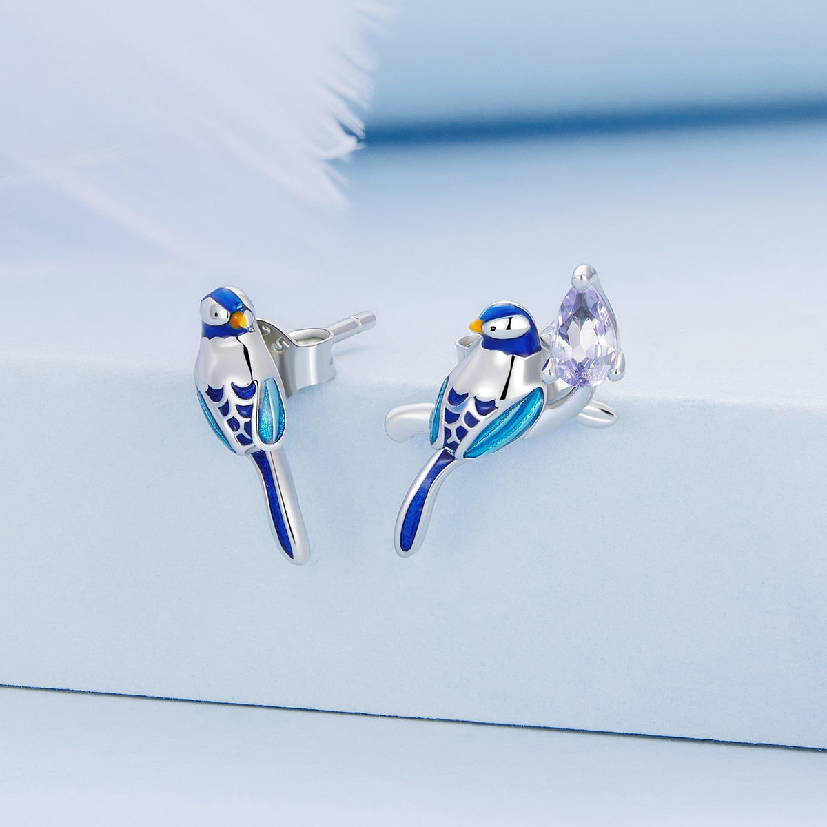 Sterling Silver Enamel Pavé CZ Bird Stud Earrings