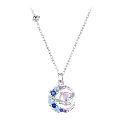 Sterling Silver Pavé CZ & Transparent Glass Pendant Necklace