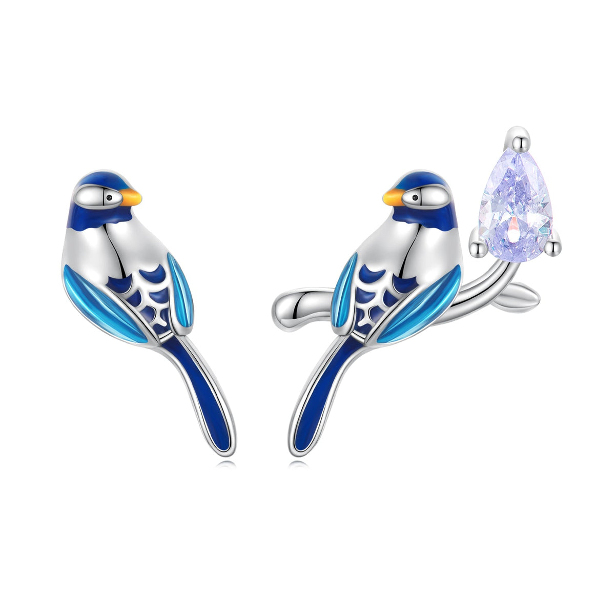 Sterling Silver Enamel Pavé CZ Bird Stud Earrings