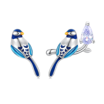 Sterling Silver Enamel Pavé CZ Bird Stud Earrings