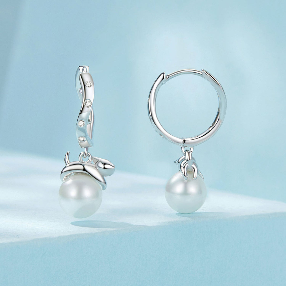 Sterling Silver Shell Pearl and CZ Drop Earrings